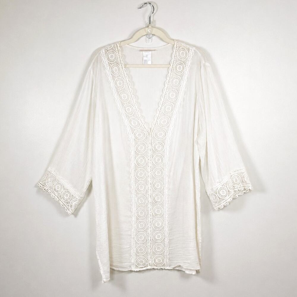 La Blanca Sheer Cotton Gauze Swim Cover‎ Up Dress Crochet White L Beach Boho